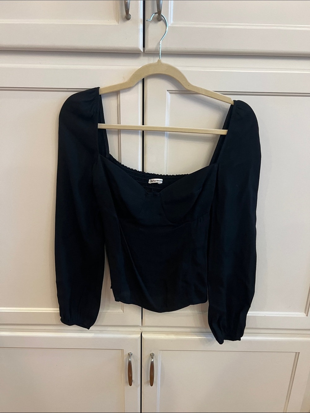 Reformation Black Square-Neck Puff Sleeve Blouse